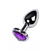 Серебристая коническая анальная пробка с фиолетовым кристаллом-сердечком - 7 см. - ToyFa - купить с доставкой в Норильске
