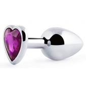 Серебристая анальная пробка с фиолетовым кристаллом-сердечком - 8 см. - Anal Jewelry Plug - купить с доставкой в Норильске