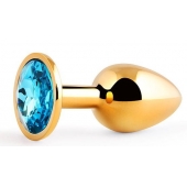 Золотистая анальная пробка с голубым стразом - 7,2 см. - Anal Jewelry Plug - купить с доставкой в Норильске