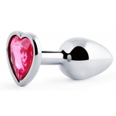 Серебристая анальная пробка с розовым кристаллом-сердечком - 7 см. - Anal Jewelry Plug - купить с доставкой в Норильске