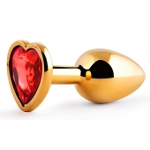 Золотистая анальная пробка с красным стразом-сердечком - 7 см. - Anal Jewelry Plug - купить с доставкой в Норильске