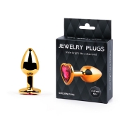 Золотистая анальная пробка с малиновым кристаллом-сердечком - 7 см. - Anal Jewelry Plug - купить с доставкой в Норильске