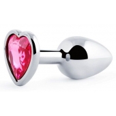 Серебристая анальная пробка с малиновым кристаллом-сердечком - 7 см. - Anal Jewelry Plug - купить с доставкой в Норильске