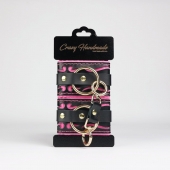 Черные кожаные наручники с розовой строчкой - Crazy Handmade - купить с доставкой в Норильске