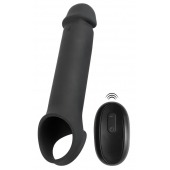 Черная вибронасадка для пениса с хомутом для мошонки и пультом ДУ Remote Controlled Penis Extension - Orion - в Норильске купить с доставкой
