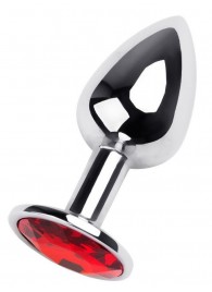 Маленькая коническая серебристая анальная пробка с красным кристаллом - 7 см. - ToyFa - купить с доставкой в Норильске