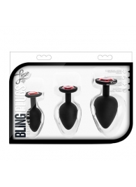 Набор черных анальных пробок с красным кристаллом-сердечком Bling Plugs Training Kit - Blush Novelties - купить с доставкой в Норильске