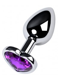 Серебристая коническая анальная пробка с фиолетовым кристаллом-сердечком - 7 см. - ToyFa - купить с доставкой в Норильске