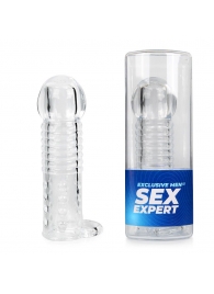 Прозрачная рельефная насадка-реалистик с петлей для мошонки - 13,5 см. - Sex Expert - в Норильске купить с доставкой