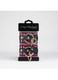 Черные кожаные наручники с розовой строчкой - Crazy Handmade - купить с доставкой в Норильске