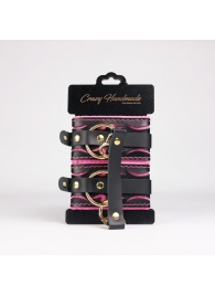 Черные кожаные оковы с розовой строчкой - Crazy Handmade - купить с доставкой в Норильске