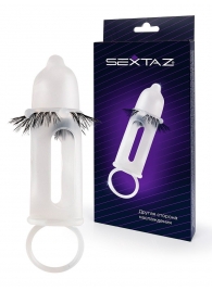 Эластичная насадка на пенис с подхватом мошонки и стимулирующими «ресничками» - Sextaz - в Норильске купить с доставкой