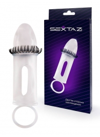 Закрытая насадка на пенис с подхватом мошонки и стимулирующими «ресничками» - Sextaz - в Норильске купить с доставкой