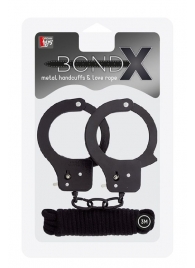 Чёрные наручники из листового металла в комплекте с веревкой BONDX METAL CUFFS LOVE ROPE SET - Dream Toys - купить с доставкой в Норильске