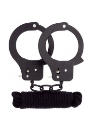 Чёрные наручники из листового металла в комплекте с веревкой BONDX METAL CUFFS LOVE ROPE SET - Dream Toys - купить с доставкой в Норильске