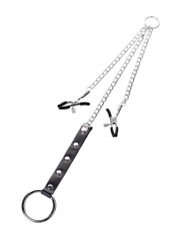 Серебристо-чёрные зажимы для сосков с кольцом для пениса TOYFA Metal - ToyFa - купить с доставкой в Норильске