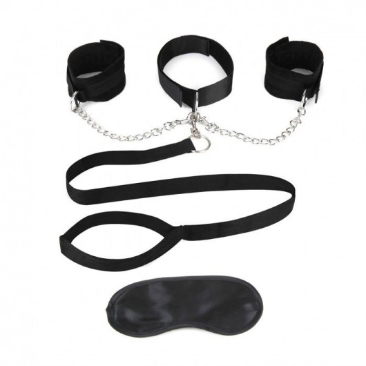 Чёрный ошейник с наручниками и поводком Collar Cuffs   Leash Set - Lux Fetish - купить с доставкой в Норильске