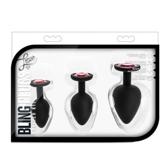 Набор черных анальных пробок с красным кристаллом-сердечком Bling Plugs Training Kit - Blush Novelties - купить с доставкой в Норильске