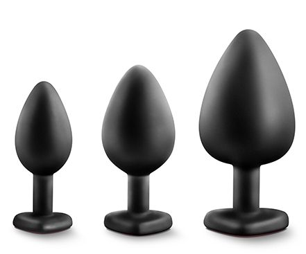 Набор черных анальных пробок с красным кристаллом-сердечком Bling Plugs Training Kit - Blush Novelties - купить с доставкой в Норильске