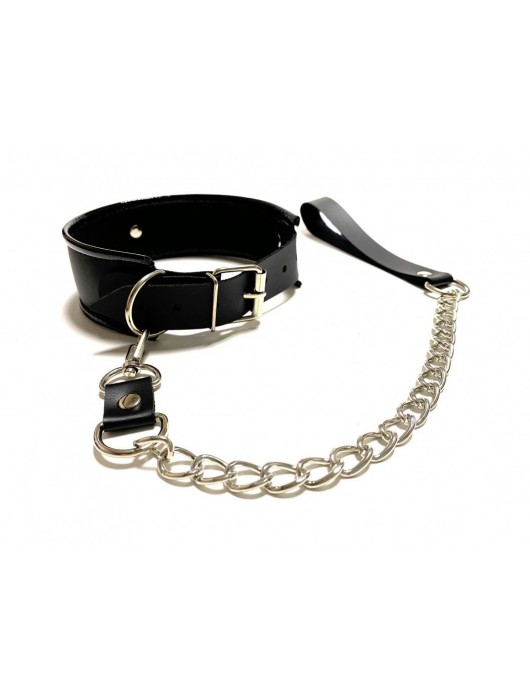Черный ошейник с поводком из эко-кожи - БДСМ Арсенал - купить с доставкой в Норильске