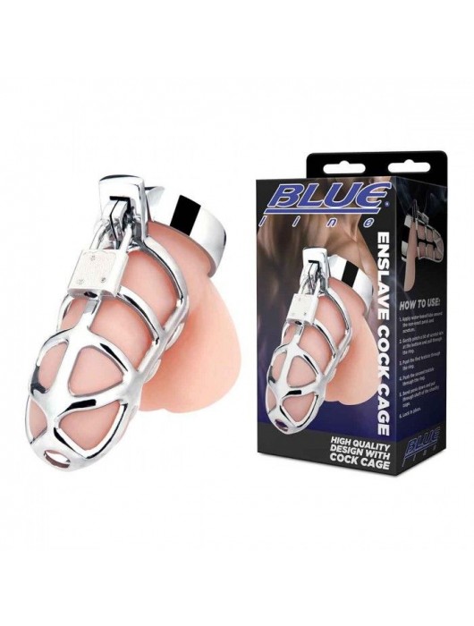 Серебристая металлическая клетка для члена с замком Enslave Cock Cage - BlueLine - купить с доставкой в Норильске