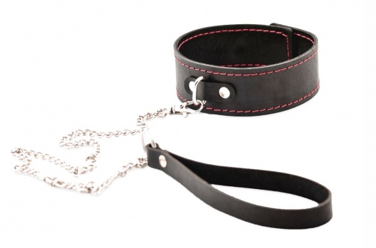 Черный широкий ошейник с красной строчкой и поводком - Crazy Handmade - купить с доставкой в Норильске
