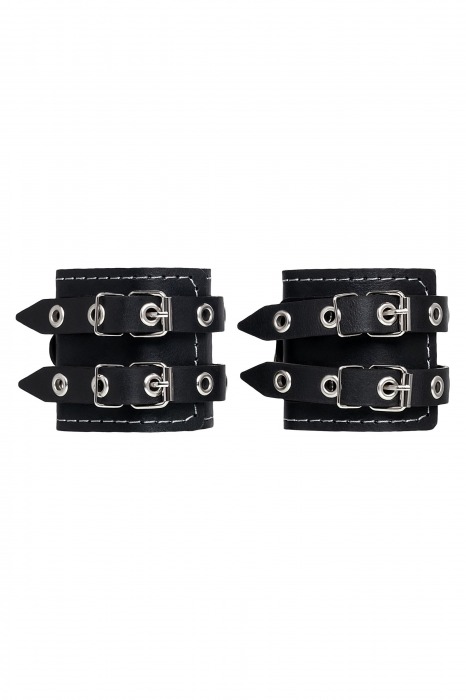 Черные кожаные наручники с двумя ремнями и красной подкладкой - Pecado - купить с доставкой в Норильске