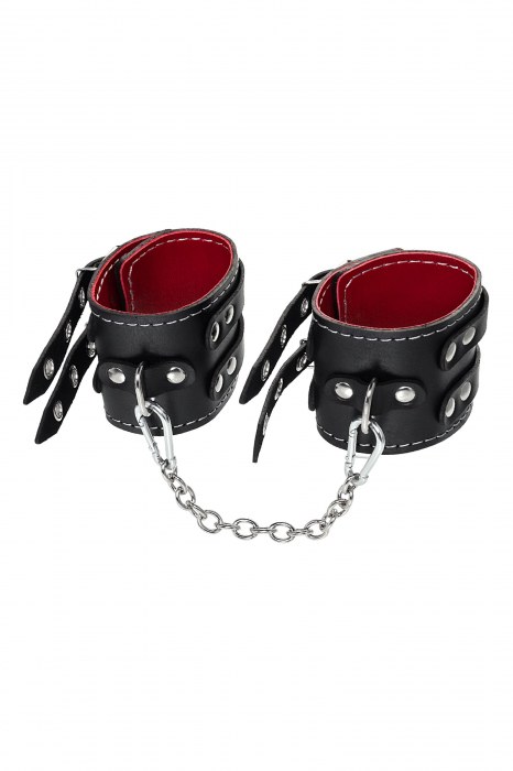 Черные кожаные оковы с двумя ремнями и красной подкладкой - Pecado - купить с доставкой в Норильске