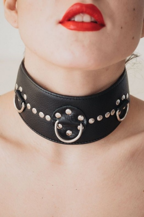 Чёрный кожаный ошейник с полукольцами и клёпками - БДСМ Арсенал - купить с доставкой в Норильске
