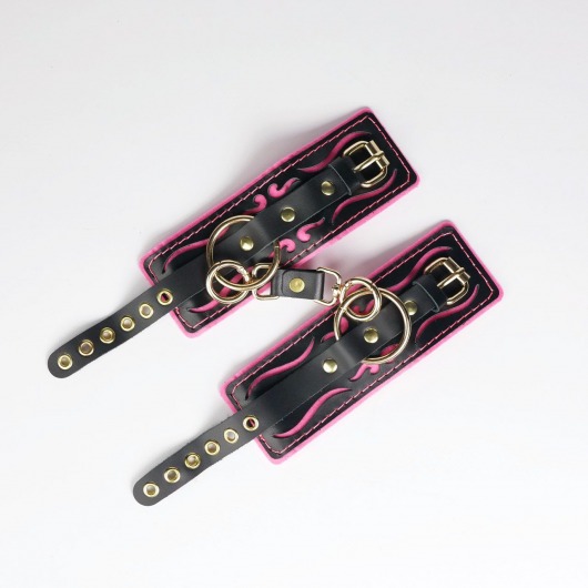 Черные кожаные наручники с розовой строчкой - Crazy Handmade - купить с доставкой в Норильске