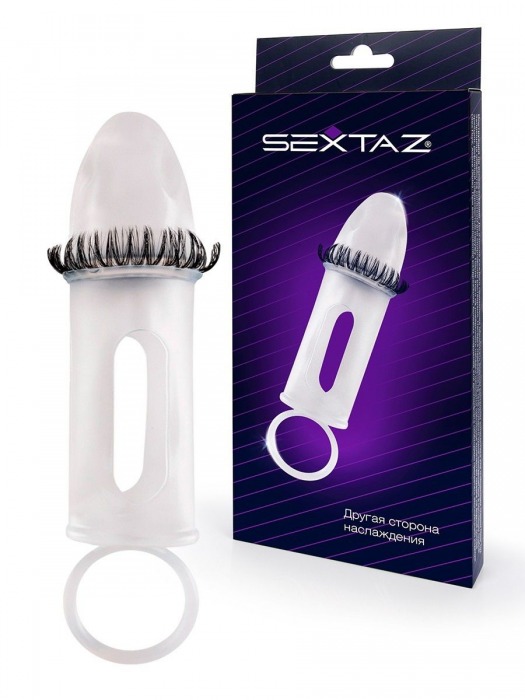 Закрытая насадка на пенис с подхватом мошонки и стимулирующими «ресничками» - Sextaz - в Норильске купить с доставкой