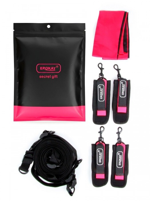 Черно-розовый эротический набор: фиксатор, оковы, наручники, повязка - Erokay - купить с доставкой в Норильске