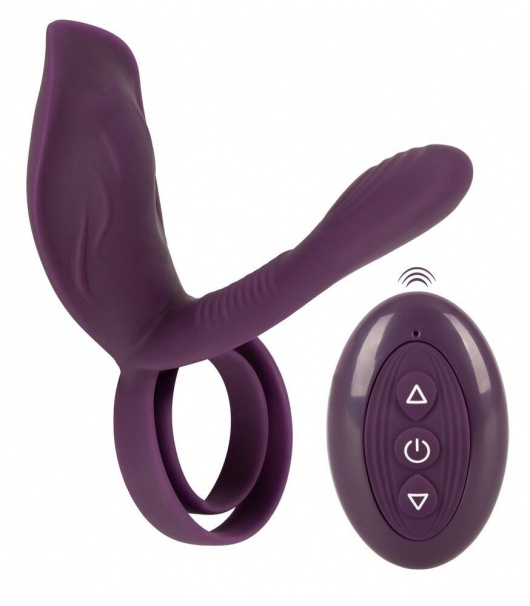 Фиолетовая насадка на член с клиторальным отростком и пультом ДУ RC Couple’s Vibrator 2 - Orion - в Норильске купить с доставкой