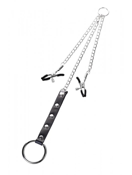 Серебристо-чёрные зажимы для сосков с кольцом для пениса TOYFA Metal - ToyFa - купить с доставкой в Норильске