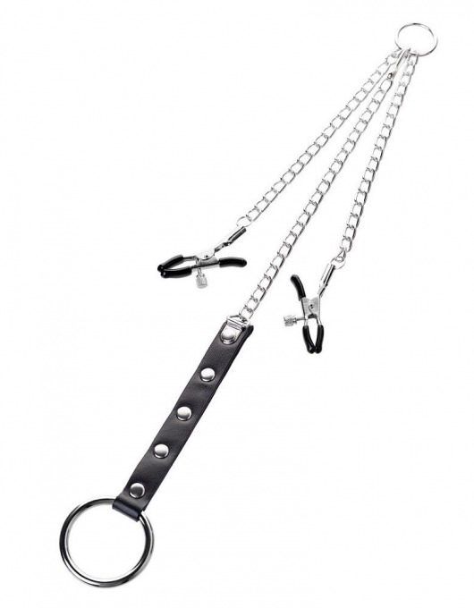 Серебристо-чёрные зажимы для сосков с кольцом для пениса TOYFA Metal - ToyFa - купить с доставкой в Норильске